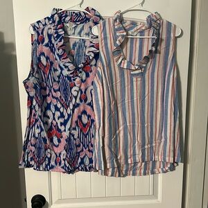 Sleeveless Ruffle Neck Tops - Blue and Pink